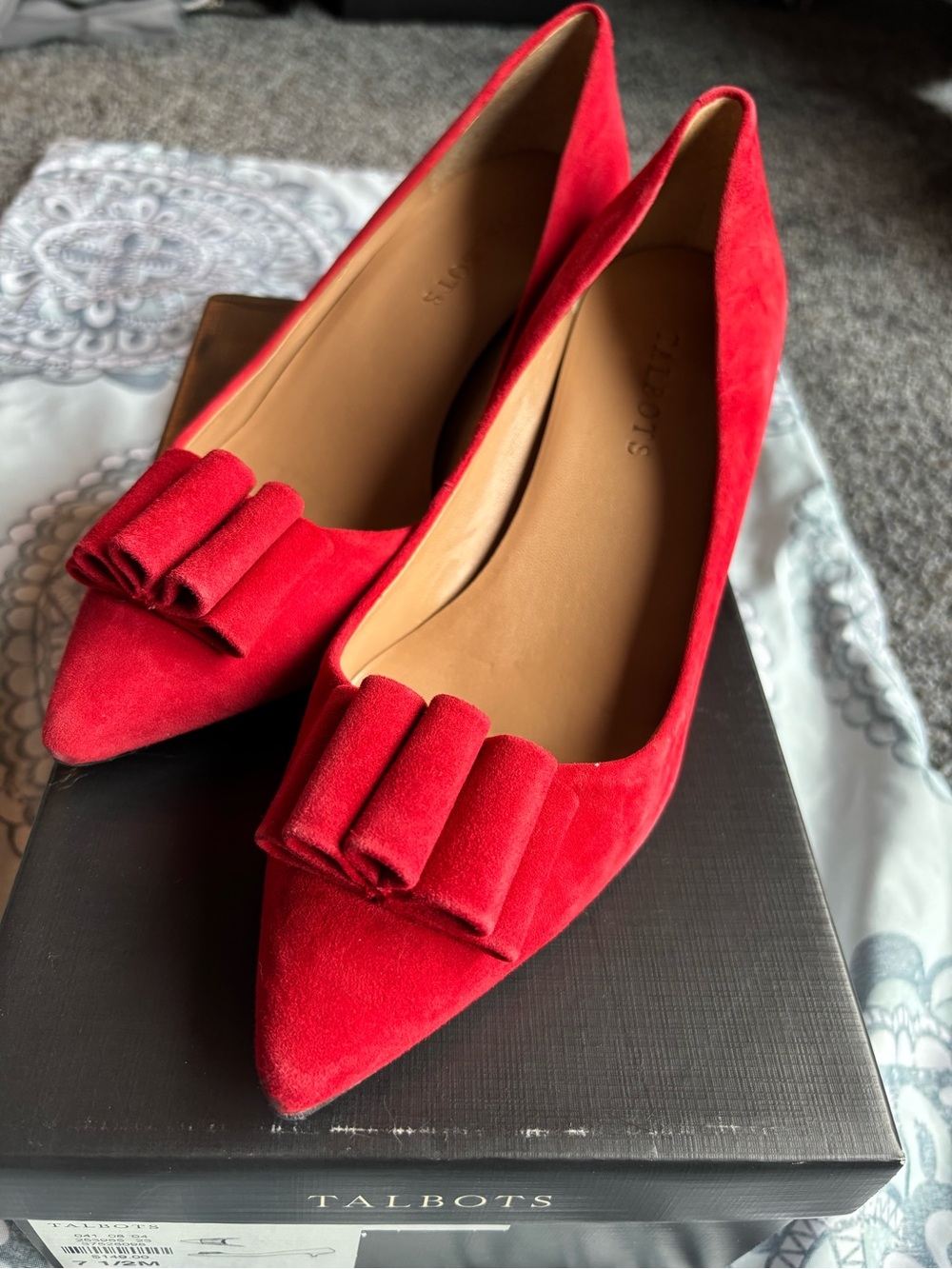 Talbots Danica Red Suede Pointed Heels with Folded Bow